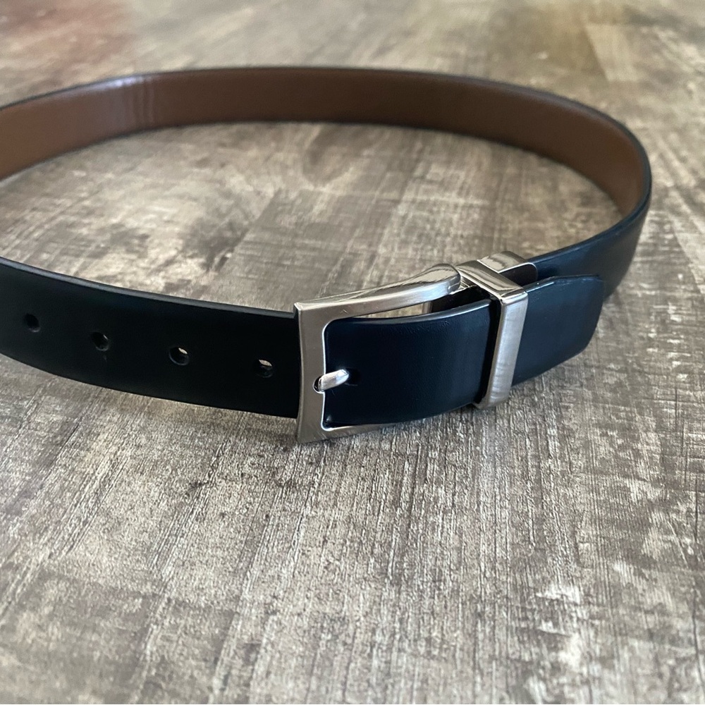 Black and Brown Leather Belt with Silver Buckle